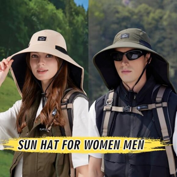 Unisex Safari Sun Hat UPF50+ Wide Brim Mesh Fishing Cap Adjustable Neck Flap